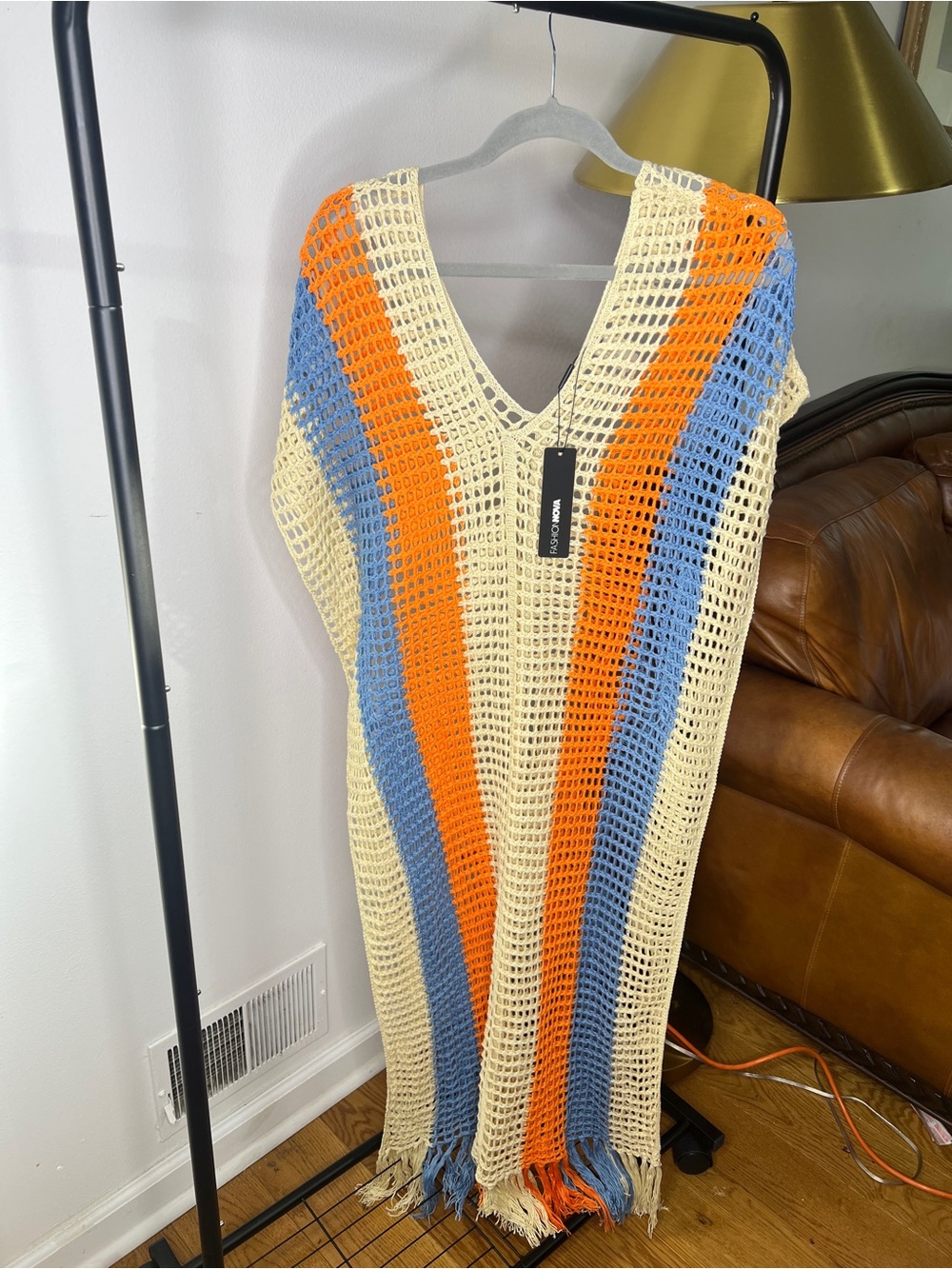 Fashion Nova Crochet Fringe Cover-Up in Cream, Orange & Blue